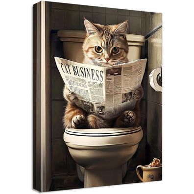 Halflemart Lustige Katze auf der Toilette Leinwandbild mit Rahmen, Kätzchen
