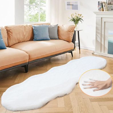 Orinova Flauschiger Fellteppich Läufer 60x180 cm Weiß Kunstfell Weich Waschbar