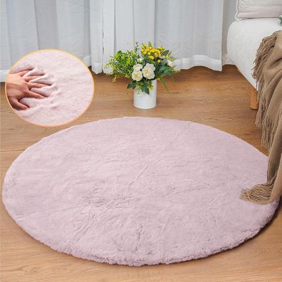 Orinova Flauschiger Kunstfell Teppich Rund 90 cm Rosa Waschbar für Schlafzimmer