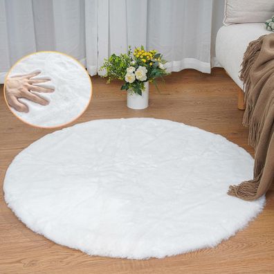 Orinova Kunstfell Teppich Rund 90 cm Flauschig Weiß für Schlafzimmer