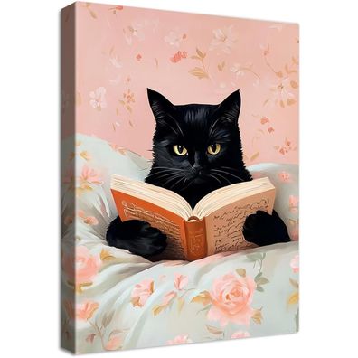 Halflemart Lustige schwarze Katze liest Bücher Leinwand Bild mit Rahmen