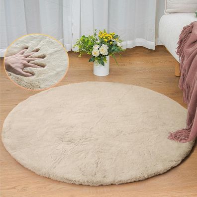 Orinova Teppich Rund 90 cm Beige Flauschig Kunstfell Kuschelig Waschbar für