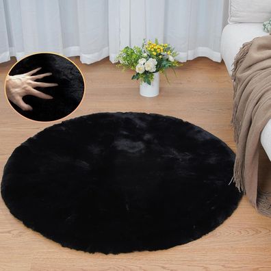 Orinova Teppich Rund Schwarz Flauschig 90 cm Kunstfell Bettvorleger Waschbar