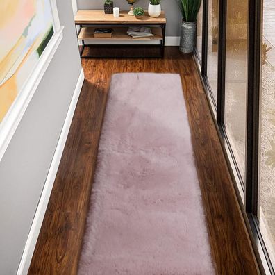 Orinova Flauschiger Läufer Teppich 60x240 cm Rosa Kunstfell für Wohnzimmer