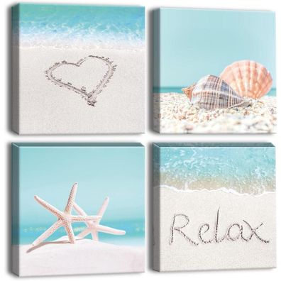 Artscope 4-teiliges Leinwandbild mit Muschel, Seestern und Strand Motiv, 30x30