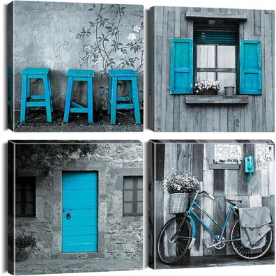 Artscope 4-teiliges Leinwandbild Blau Grau Motiv, Moderner Kunstdruck Wandbild