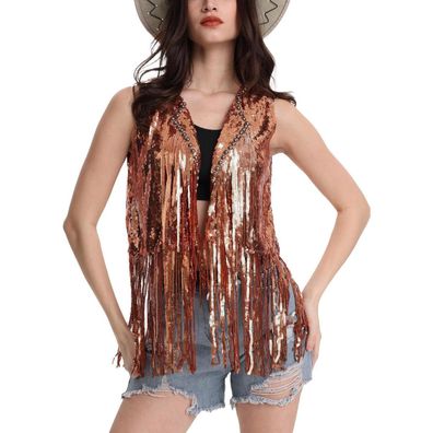 Maeau Damen Pailletten Weste mit Fransen, Ärmellose Cardigan, Glitzer, Braun