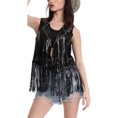 Maeau Damen Pailletten Fransen Weste - Ärmellose Glitzer Cardigan, Y2k Hippie