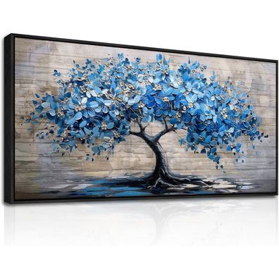 hyidecorart Blauer blühender Baum Leinwandbild mit Rahmen, 60x120 cm XXL