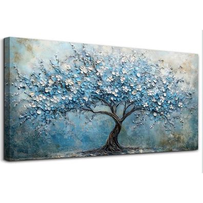 hyidecorart Blühender Baum Wandbild XXL 73x146 cm Leinwand Blau Abstrakt