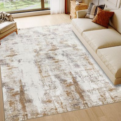 Famibay Teppich Wohnzimmer 200x290cm Kurzflor Beige Braun Waschbar Modern