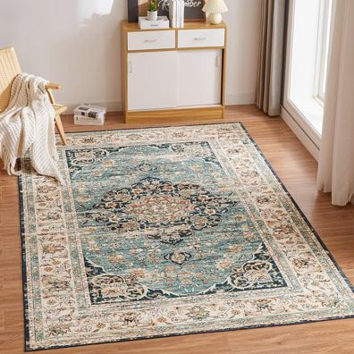 Choshome Waschbarer Vintage Kurzflor Teppich Orientalisch Blau 80x150CM für