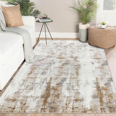 Famibay Teppich Wohnzimmer 140x200cm Waschbar Kurzflor Beige Braun Modern