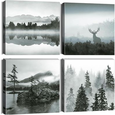 Artscope 4-teiliges Leinwandbild mit Wald- und Nebelmotiv, moderner Kunstdruck