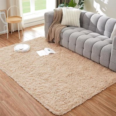 Choshome Flauschiger Wohnzimmerteppich Beige, 120x180CM, Modern, Weich, Langflor