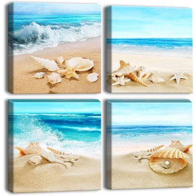 Artscope 4-teiliges Leinwandbild mit Strandmuscheln und Meer Motiv, moderner