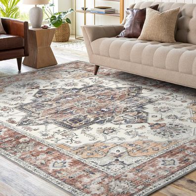 WONGS Bedding Vintage Teppich Ziegelrot 160x230cm, Waschbarer Kurzflor Teppich