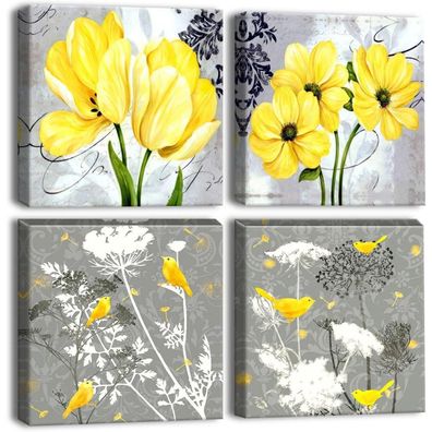 Artscope 4-teiliges Leinwandbild mit gelben Blumen und Vögeln, moderner