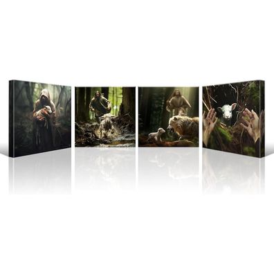 Artscope 4-teiliges Leinwandbild Jesus mit Lamm, religiöser Kunstdruck für