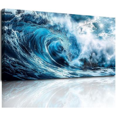hyidecorart XXL Leinwandbild "Raue Wellen" Blau, 73x146 cm - Moderne Wanddeko