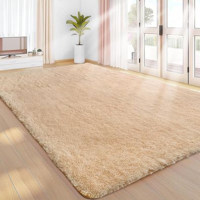 Sour Lemon Hochflor Teppich Beige 120x160 cm - Waschbar, Flauschig, Rutschfest