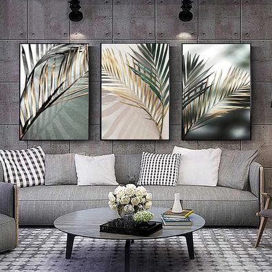 Trayosin 3er Set Premium Poster, Abstrakt Goldene Blätter Bilder, Moderne