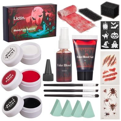Lictin Halloween Schminke Set: Kunstblut, Face Paint in Schwarz, Rot, Weiß für