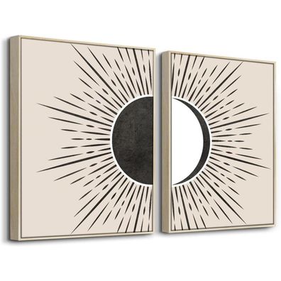 hyidecorart Sonne und Mond Boho Wandbild mit Holzrahmen, abstrakt