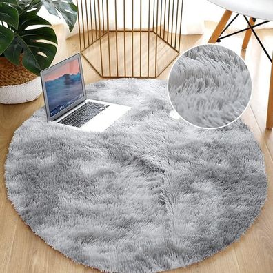 Leesentec Flauschiger Teppich Rund für Schlafzimmer & Wohnzimmer, Weiß/Grau