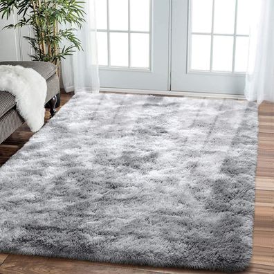 Leesentec Shaggy Teppich Grau/Weiß, Langflor, weich, rutschfest, 200 x 300 cm