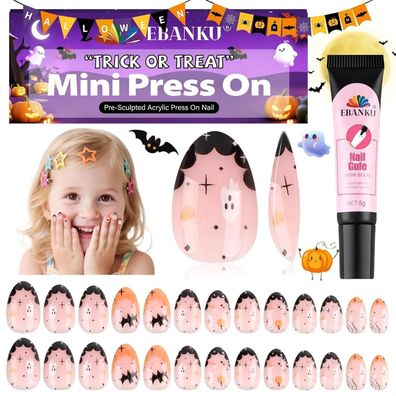EBANKU Halloween Press-on Nägel für Kinder, 26-teiliges Mandel-Kunstnagel-Set
