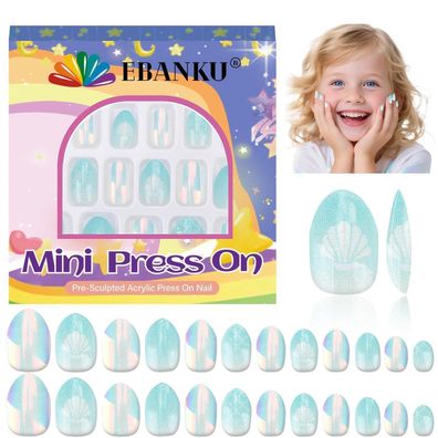 EBANKU 24 Stück Kinder Falsche Nägel Presse auf Nägel Kurz für Mädchen Hellblau