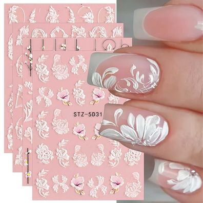 4 Blatt 3D Frühlingsblumen Nagelsticker - Stereoskopische Nail Art Dekoration