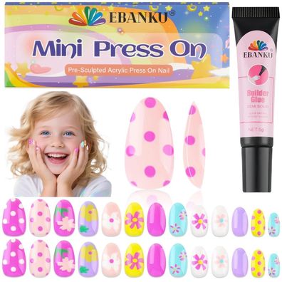 EBANKU 26 Stück Kinder Nägel zum Aufdrücken, Bunte Blumen Acrylnagel Tip Kit