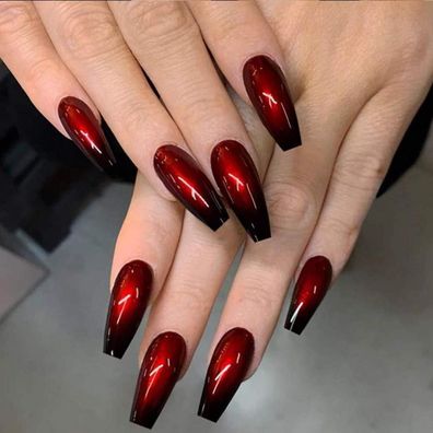 Handcess Lange schwarze und rote Ballerina Kunstnägel, Glossy Coffin Design, 24