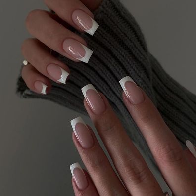 MrCuvaryas Eckige French Tip Nägel zum Aufkleben, 24 Stück Nude Weiß, Kurz
