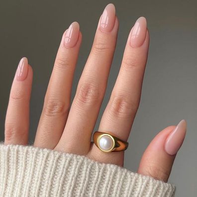 Ceboic 24 Stk. Kurz Mandel French Tip Press on Nails Beige Rosa Kunstnägel für