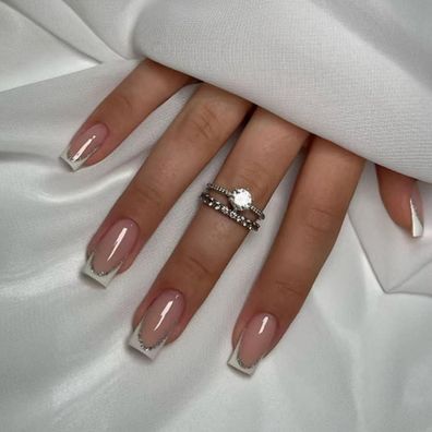 Virellay 24 Stk. Lange French Nägel mit Silber Glitzer, Square Press on Nails