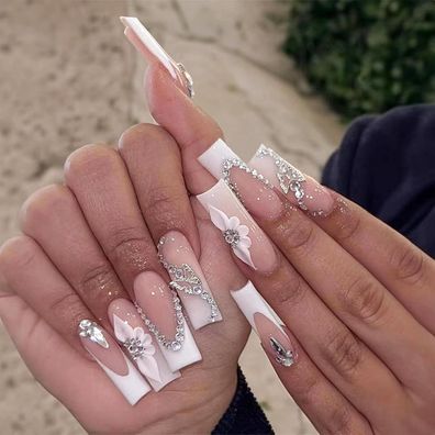 24 Stk. Lange Ballerina French Nails zum Aufkleben mit Strass & Blumen