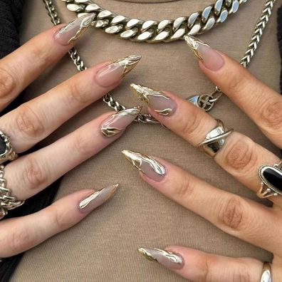 Ceboic 24 Stück Press on Nails Mittel Mandel, 3D Handgefertigt Gold Streifen