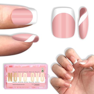 NOVO OVO Short Square Round French Tip Nägel, Baby Pink, 240 Stück, 15 Größen