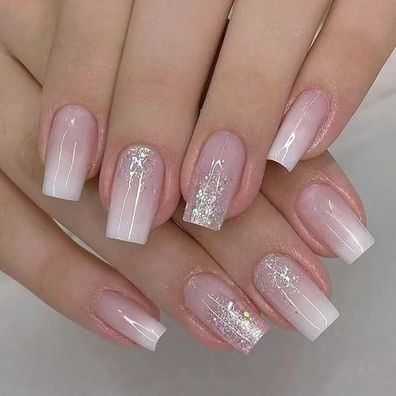Virellay 24 Stück Rosa Ombre Glitter Falsche Nägel Zum Aufkleben - Koffin