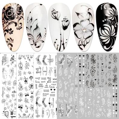 Jmeowio Nagelsticker Blumen 10 Blatt - Selbstklebende Black & White Blossom