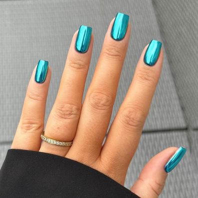 KQueenest Chrome Press On Nails Türkis Grün Eckig Mittel Kurz - Spiegel Effekt