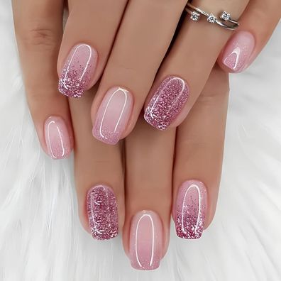 Ceboic 24 Stück Kurz Eckig French Tip Press on Nails Pink Farbverlauf Glitzer