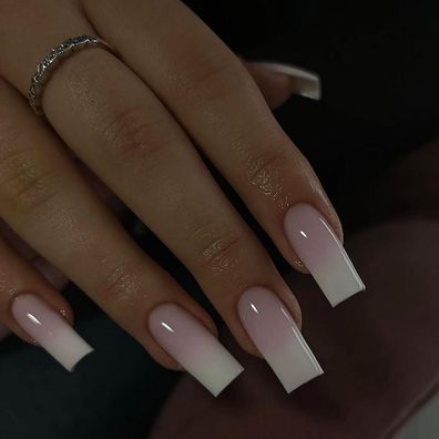 MouyouGlow Lange Quadratische Press-On Nägel im Rosa-Weiß Farbverlauf