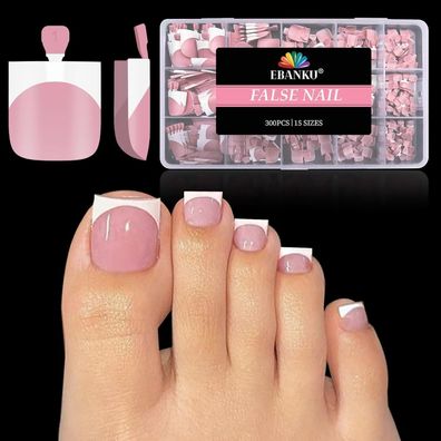 EBANKU 300 Stück Rosa French Künstliche Fußnägel zum Aufkleben, 15 Größen