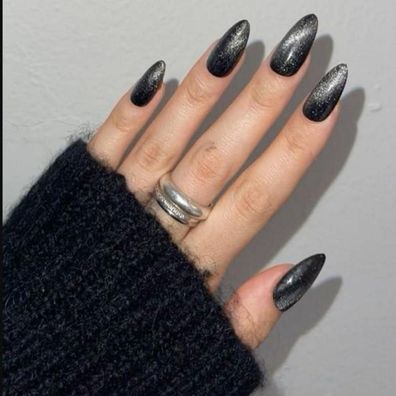 MouyouGlow Kurz Almond Schwarz Cat Eye Magnetic Halloween Fake Nails mit