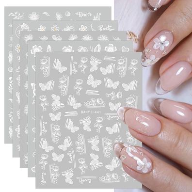 Jmeowio Frühlings-Nagelsticker mit weißen Blumen und Schmetterlingen, 12 Blatt