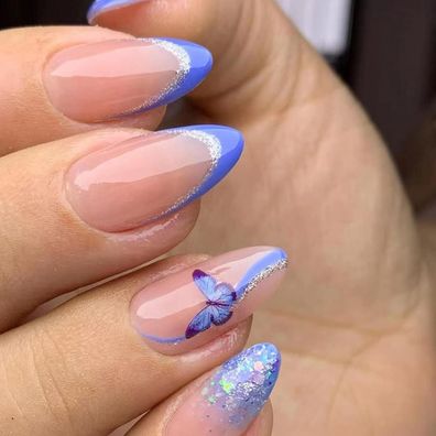 24 Stück Lila Schmetterling French Mandel Nägel Zum Aufkleben Kurz Oval